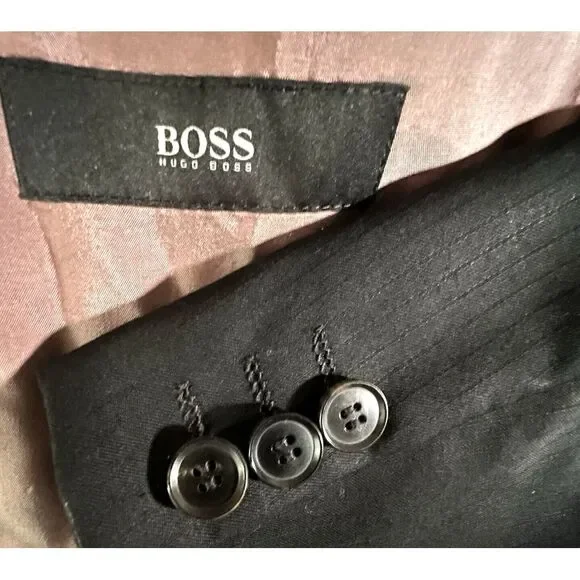 Hugo Boss Scorsese 42L Three Button Wool Suit 38 Pants Black‎ on Black Striped
